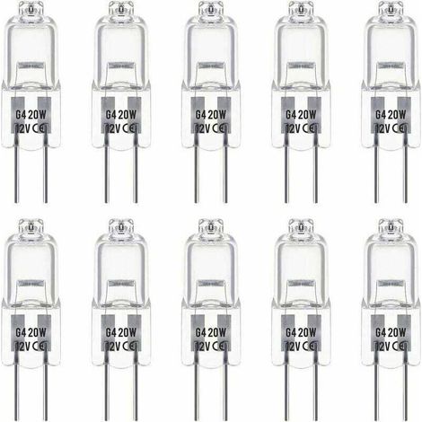 Packung mit 10 G4-Halogenlampen, 12 V und 20 W. Diese Lampen erzeugen ein warmweißes Licht mit 3000 K und einer Helligkeit von 350 Lumen. Sie sind dimmbar und transparent.