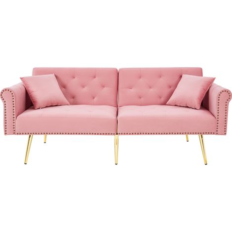 Divano letto 2 posti in velluto rosa con schienale regolabile e piedini dorati (1/5)