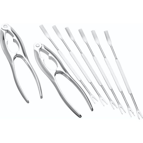 KitchenCraft Juego de Cena para Marisco, Juego de Cubiertos de Acero Inoxidable Incluye 2 Pares de Cucharas para Marisco y 6 Tenedores Multiusos de Doble Punta con Cucharas, Color Plata, 1 Juego