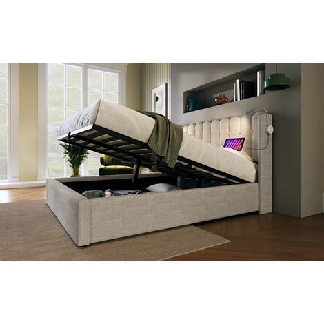 Naturfarbenes Leinenbett 140x200 cm mit Stauraum, USB, Leselampe, ohne Matratze – MEUBLIV (1/5)