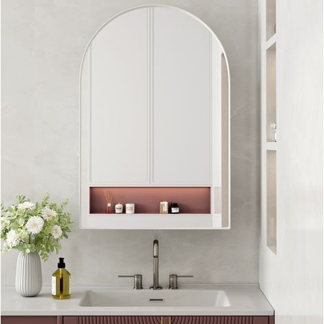 Armoire miroir murale blanc en métal avec étagères réglables et pose encastrée ou murale (1/5)