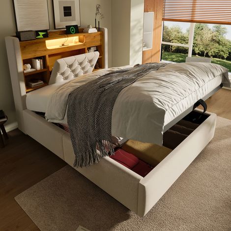 Cama tapizada 223x98x115 cm con LED, cabecero con estante y carga USB, lino beige (1/5)