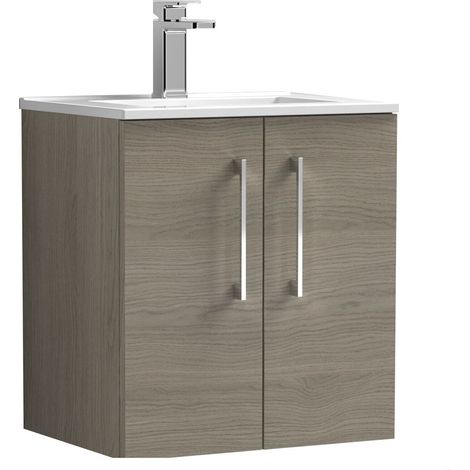 Balterley Bramshall Contemporary Bathroom 2 Soft Close Door & Minimalist Wall Hung Vanity Unit Basin, Solace Oak, 500mm