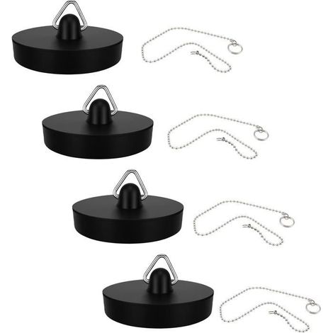 4PCS Bouchons de Vidange en Caoutchouc avec Chaîne, Noir Ø 45-47 mm avec chaînes INOX de 40 cm, Étanches et durables (1/5)