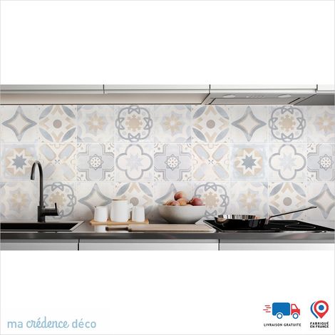 Crédence : Carreaux ciments classiques 3 - Couleur Blanc perle - Alu composite - 60 - 120 (1/3)
