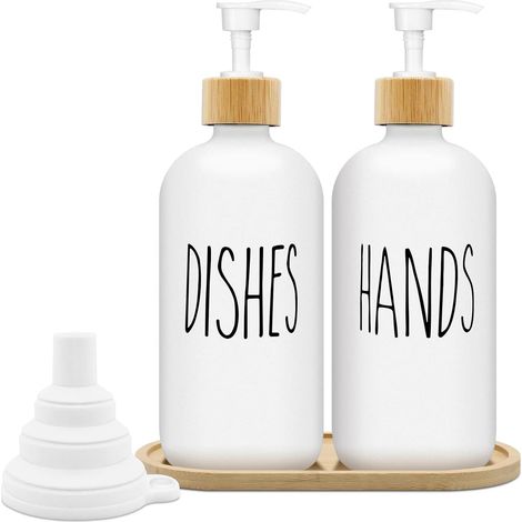 Distributeur de Savon Blanc Mat Set 500ml Distributeur de Savon en Verre avec Plateau Distributeur de Liquide Vaisselle Distributeur de Savon pour Cuisine et Douche (Blanc x 2)