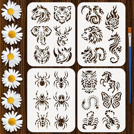 4Pcs Pochoir Peinture Tatouage Animal Avec Pinceau Plastique 15x20cm Modèle Cheval Tigre Éléphant Pochoir Dragon Araignée Papillon Modèle Thème Animal pour Peinture sur Bois Sol (1/5)