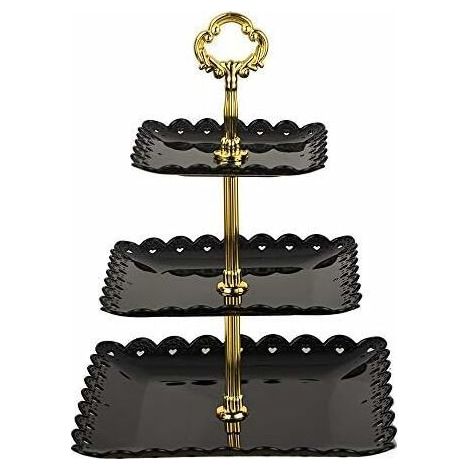 EASYCOMFORT Présentoir à gâteaux avec poignée Présentoir à gâteaux à 3 niveaux, décoration de fête de mariage, comme assiette de fruits et assiette de service (noir, carré)-Fei Yu (1/5)