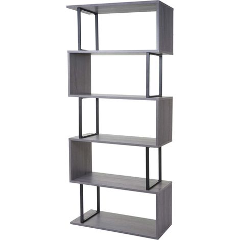 Libreria scaffale 3D MDF HHG-091 5 ripiani 30x80x183cm legno metallo grigio
