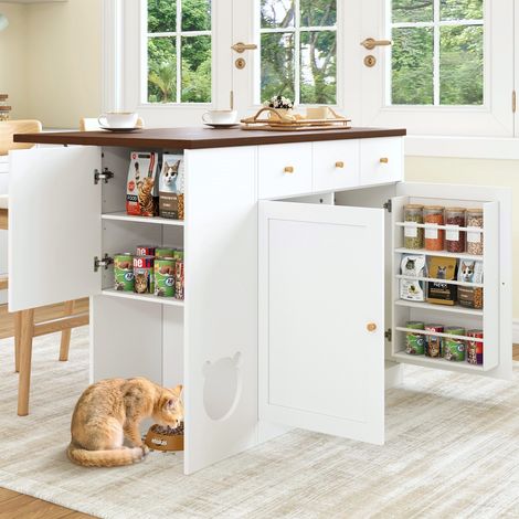 Desserte de Cuisine avec 3 Tiroirs et 2 Portes, Plateau Extensible, Range-épices et Espace Animal, MDF, Blanc Noyer, 120x40x90 cm (1/5)