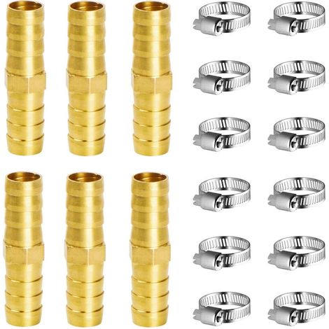 Raccord en Laiton de Tuyau Raccord Pneumatique 10mm, 6 Pièces Connecteur de Tuyau en Laiton pour Carburant Air Eau Gaz Huile, Avec pinces (I) (1/5)