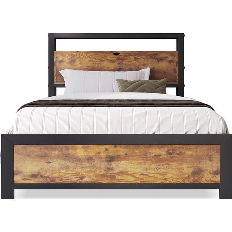 Lit simple 90x200 cm avec tête de lit à rangement et sommier métallique, Lit d'enfant Cadre de lit métallique Pour adultes, enfants, adolescents,Noir Lit industriel (1/5)