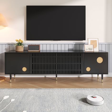 Mobile TV madia nero e oro 170 cm - grande panca da soggiorno moderna con 4 ante, di cui 2 con struttura a griglia, e sistema push-to-open