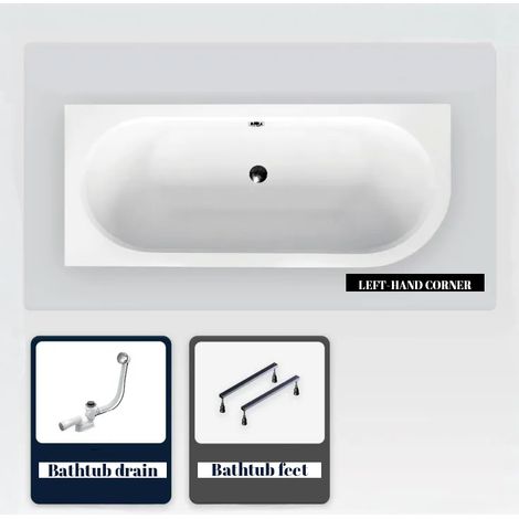 Asymmetrische Badewanne - 170 x 75 cm - Links - ohne Verkleidung - mit Füßen - Ablaufgarnitur Chrom - AVITA