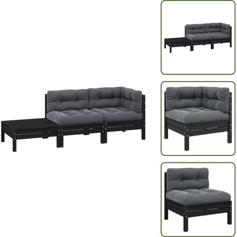 YOUTHUP Juego muebles jardín 3 pzas y cojines negro madera pino maciza