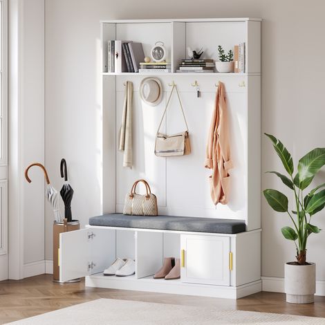 Garderobenständer aus Spanplatte, weiß, mit 6 Haken, Schuhbank und Schuhregal, 120 x 40 x 191 cm (1/5)
