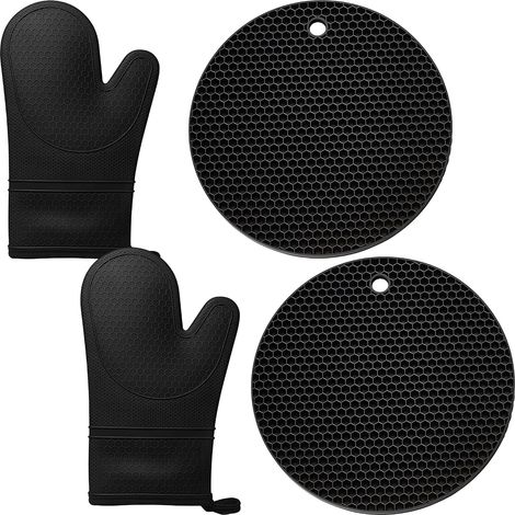 Set Gants de Four Silicone, 1 Paire, Noir, Résistant Chaleur (1/5)