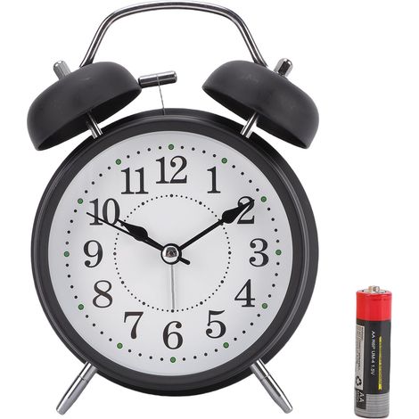 Réveil à cloche en métal avec veilleuse, mouvement silencieux, idéal pour les étudiants. Batterie 300 mAh, cadre en métal noir. (1/5)
