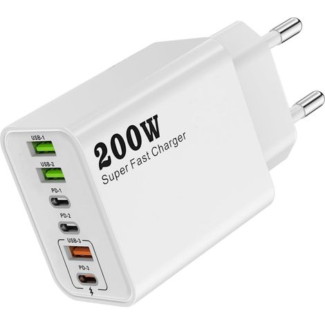 Chargeur USB C 200W GaN 6 Ports 3USB-C+3USB-A avec PD 3.0 PPS QC 4.0 Bloc Secteur Multiport Compact Charge Rapide pour 17/16/15/14, MacBook, iPad, S24/S23/S22, Steam Deck, Switch (1/5)