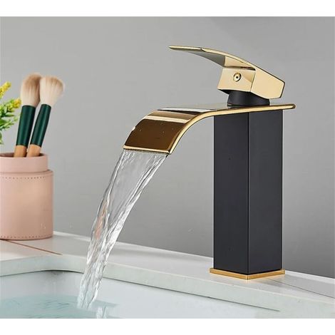 TAISHENGDA Wasserfall-Waschtischarmatur in Schwarz und Gold mit kurzem, flachem Auslauf und 60 cm langem Zulaufschlauch, europäische Ausführung mit breitem Auslauf für Warm- und Kaltwasser, geeignet f (1/5)