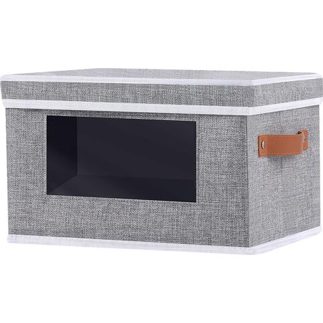 Boîte de Rangement, 33 x 23 x 20 cm Caisse avec Couvercle, Fenêtre Transparente, Panier en Tissu Pliable, Armoire Bac, Gris, Paquet de 1 (1/5)