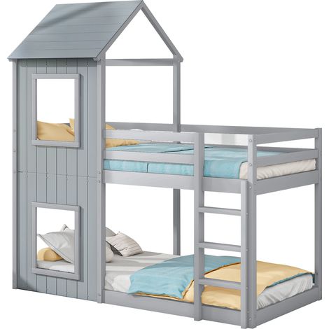 Lit Cabane 90x200 Lit Enfant Gris en Bois Massif avec Échelle et Toit, Lit Montessori Fille et Garçon (1/5)