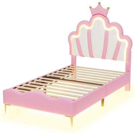 Letto singolo 90x200 cm rosa con testiera a corona, rivestimento in PU e striscia LED (1/5)