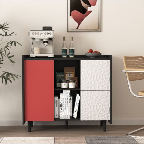 Sideboard aus MDF in Schwarz-Rot 90 x 40 x 80 cm mit 2 Schubladen, offenen Fächern und Schrankfach (1/5)