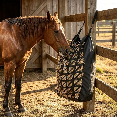 Filet à foin pour chevaux 35L, Filet à Foin Cheval Grand Taille en Tissu Oxford 1680D, Slow Feeder avec Sangles Réglables et Clip Métallique, Anti-bascule pour Cheval Chèvre Mouton,36x27 in (Noir) (1/5)