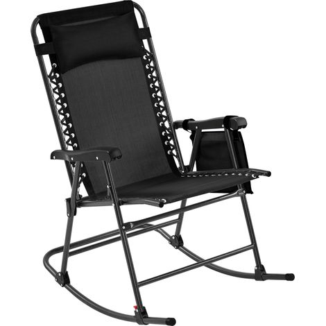 Yaheetech Sedia a Dondolo Paltrona Pieghevole Reclinabile da Esterno Giardino Portata 120 kg con Braccioli e Poggiatesta da Campeggio Balcone 102 x 65,5 x 103 cm Nero (1/5)