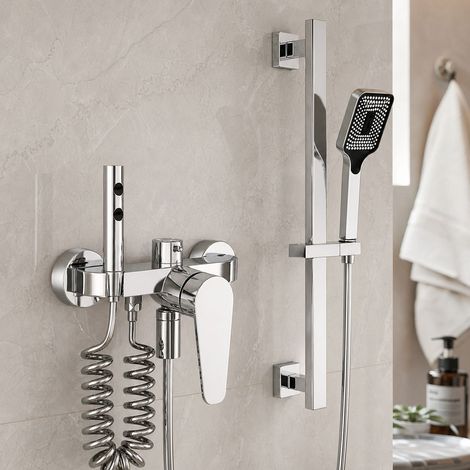Kit Douche en Laiton Chromé avec Pommeau Réglable, Douchette à Main et Jet Pulvérisateur Haute Pression, Mitigeur Thermostatique (1/5)