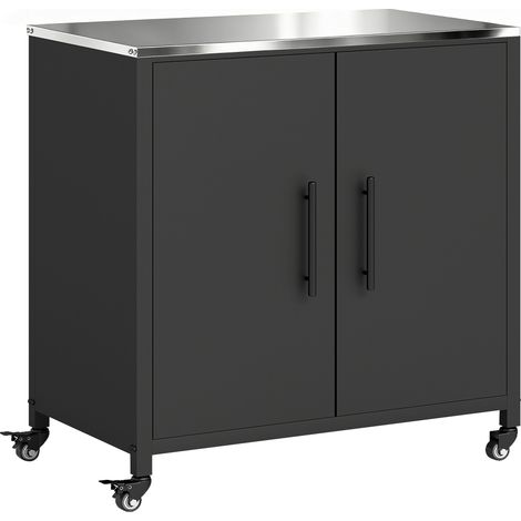 Armoire de jardin métallique, meuble de rangement extérieur à toit en acier inoxydable et roulettes, noir. (1/5)