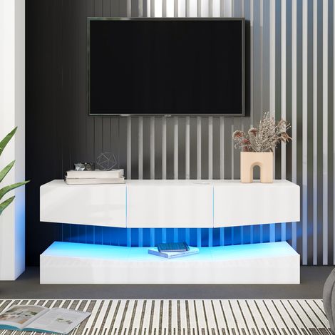 Meuble TV Mural LED 180x40cm - Support TV flottant suspendu au mur- Blanc (1/4)