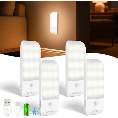 Veilleuse avec Détecteur de Mouvement, Lot de 4 Veilleuse LED Rechargeable Type-C avec 3 Modes d'éclairage, Lampe de Placard avec Bande Magnétique pour Armoire, Couloir, Escalier, Cuisine, Blanc Chaud (1/5)
