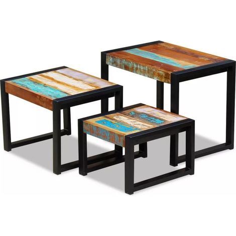 Set de 3 tables gigognes bois de récupération et pieds métal noir Area (1/5)