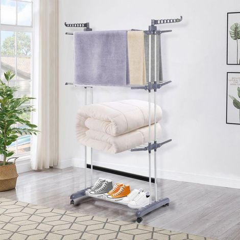 YIS Étendoir Séchoir à Linge en Acier Inoxydable Pliable - 3 Étages Charge maximale 35kg - avec Ailes et Roues - Gris Argent (1/5)
