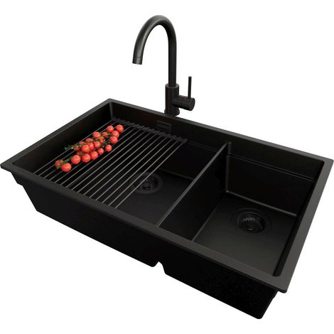 PRIMAGRAN Evier Cuisine en Granit 76x47cm, Lavabo 2 bacs + Kit de Vidage + Accessoire, Évier à Encastrer au meuble 80cm - Prague Slim Duo, Tout Noir
