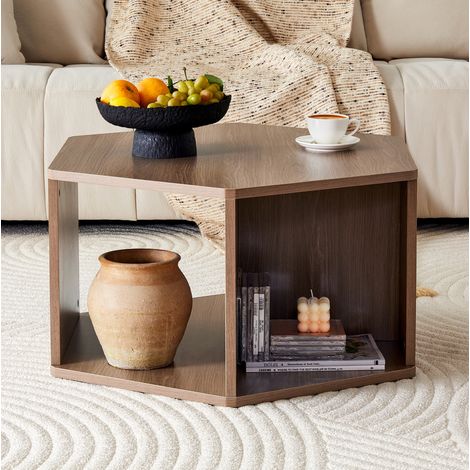 Mesa baja hexagonal 79x69,4x40 cm con estante abierto, en MDF, efecto marrón, nogal (1/5)