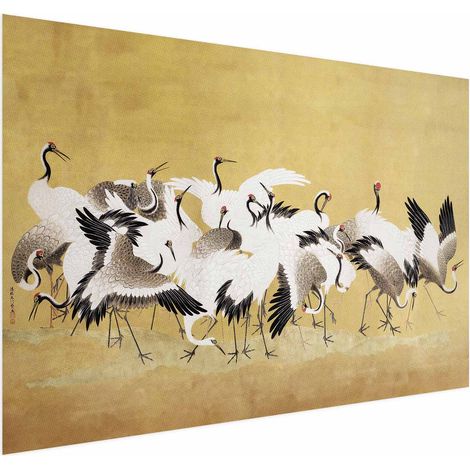 Poster – Japanische Kraniche – ein Vogelschwarm auf goldfarbenem Hintergrund, basierend auf einem Gemälde von Ishida Yūtei (1/4)