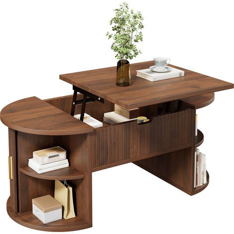 Table de salon moderne, réglable en hauteur. Table de salon adaptée aux petites pièces à vivre ou aux bureaux domestiques. Des étagères ouvertes et un espace de rangement caché. Portes coulissantes. (1/5)