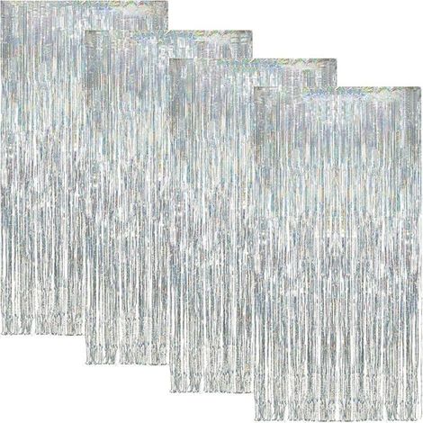 4 Pièces 1 m x 2,5 m Métallique Tinsel Argent, Rideau Argenté Anniversaire, Rideau Paillette, Rideau Argenté, Rideau Frange RIDEAU (1/5)