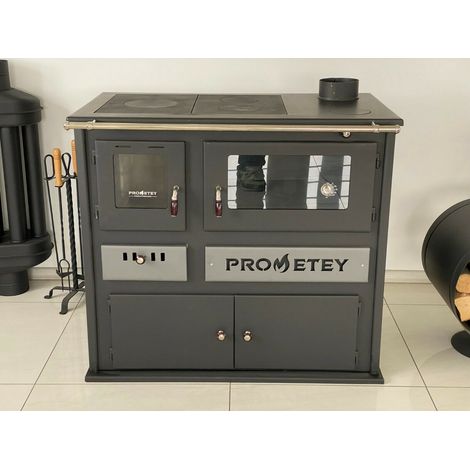 Prometey – Poêle à bois avec four 11 kW – 3 plaques chauffantes – Dimensions 920x580x830 mm – Rangement pour bois sous le poêle