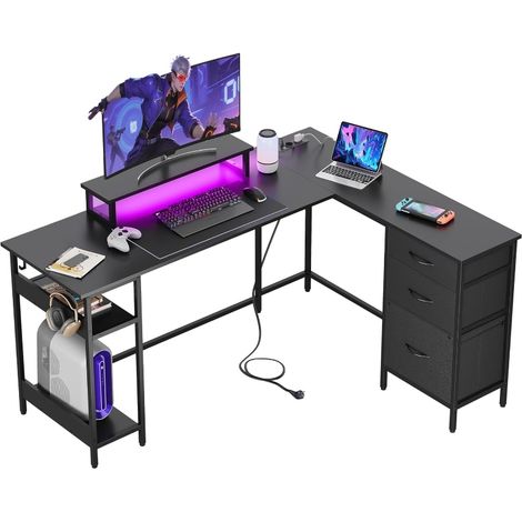 Bureau Gaming L-forme 150x118 cm avec tiroirs et USB, idéal pour bureau à domicile et chambre, couleur noire (1/5)
