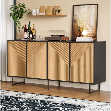 Buffet de salon 160 x 40 x 75 cm à 4 portes, bois naturel et noir, panneaux de particules, REDOM (1/5)