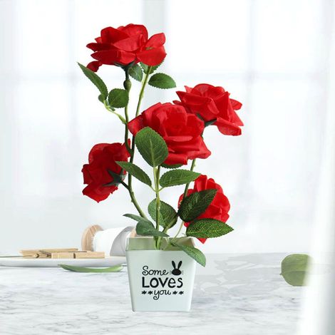 Pot Céramique Avec Fleurs Artificielles - Roses En Soie Fausse - Décoration Intérieure Table Centre De Table Fêtes Mariages Bureau Maison - 1 Pièce (1/5)