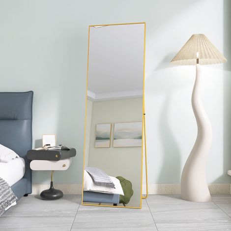 Specchio da terra 162x53 cm rettangolare - Specchio da parete o da pavimento - Vetro temperato anti-esplosione - Per cabina armadio e camera - Cornice in alluminio - Oro