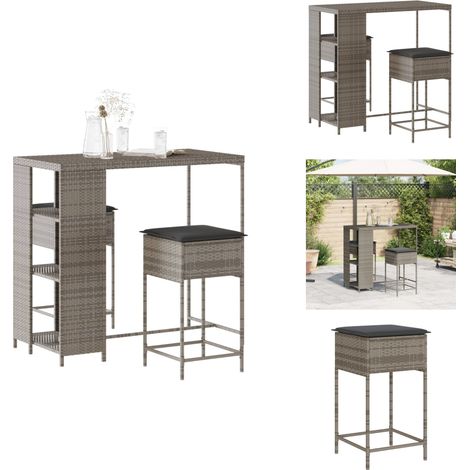 Ensemble de bar de jardin 3 pcs et coussins gris résine tressée - Salon De Jardin - Mobilier De Jardin - Set Salon De Jardin - Table Basse - Chaise Lounge