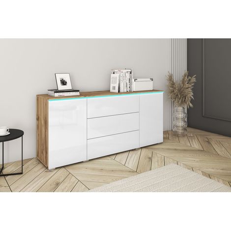 Cómoda VERA 150 cm , cajonera, aparador, sin iluminación LED, color wotan/blanco brillo (1/3)