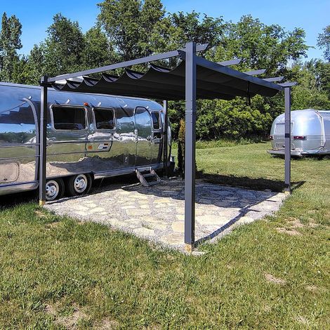 Pergola Aluminium 4 x 3,2 m UPF 50+ Toit Coulissant Jardin Gris Poteaux 9 × 9 cm, Tissu teint en fil 180 g/m², Pergola Jardin Extérieur, Terrasse (1/5)