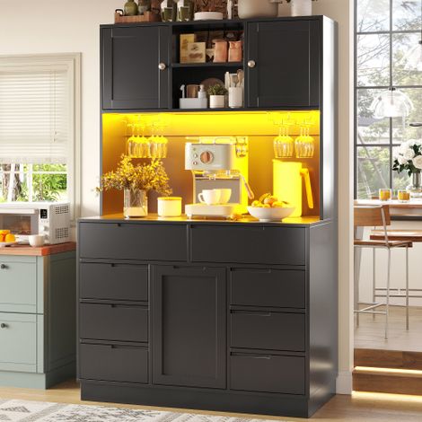 Buffet Haut Noir 120×40×183,5cm Cuisine Salon, Meuble Rangement LED Smart App Effet Musique, 8 Tiroirs Fermeture Magnétique, Tablettes Réglables Plateau Ergonomique (1/5)